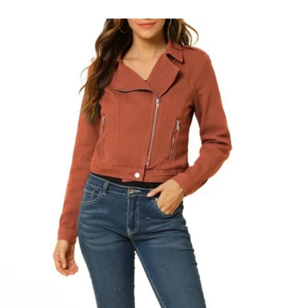 Allegra K S NWT Burnt orange Jean Jacket Cropped Moto Style